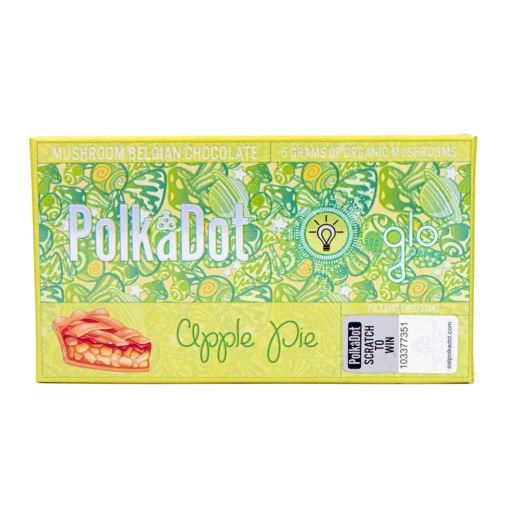 Polkadot Apple Pie Chocolate Bar a rich Belgian chocolate with apple pie flavors and magic mushrooms. Organic, vegan, and unique. Buy online now