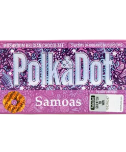 Venture into a tropical haven with Polkadot's Samoas Dark Chocolate Bar , where coconut cookies bring a sweet crunch to the rich dark chocolate embrace.