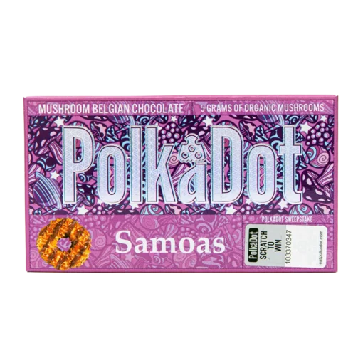 Venture into a tropical haven with Polkadot's Samoas Dark Chocolate Bar , where coconut cookies bring a sweet crunch to the rich dark chocolate embrace.